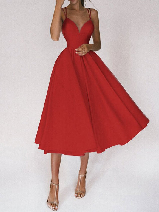 Women Plain V Neck Gallus Comfy Casual Midi Dress