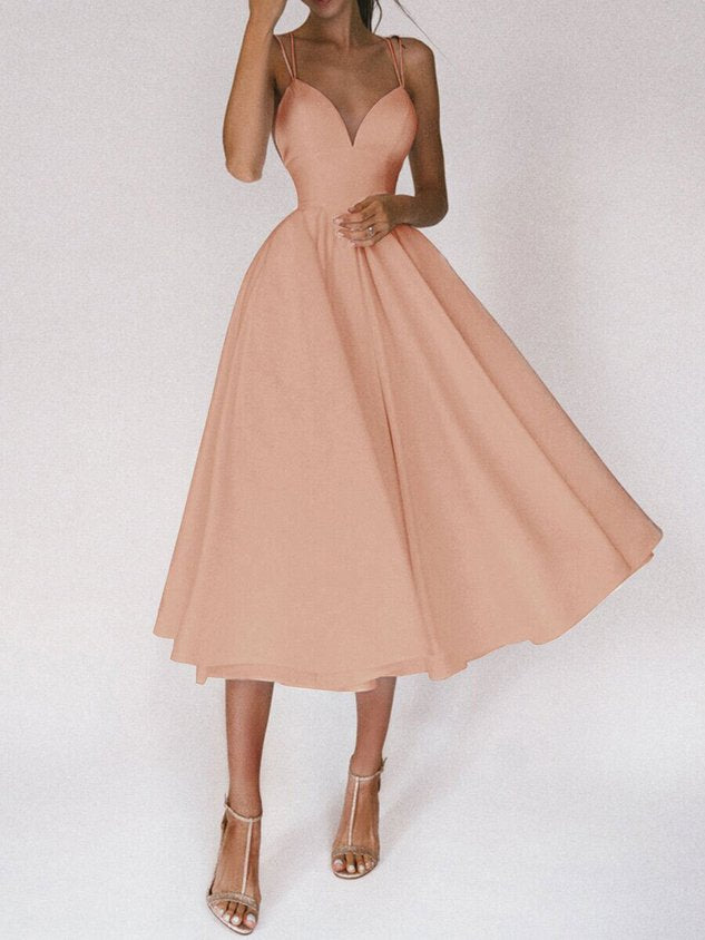 Women Plain V Neck Gallus Comfy Casual Midi Dress